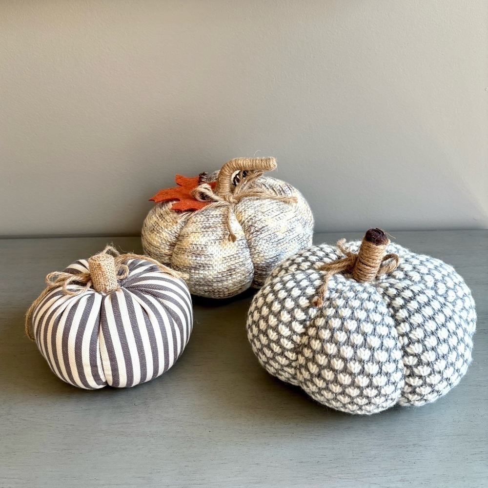 Holiday Halloween Fall Decorative Fabric Pumpkins Set of 3 Gray, White, Cream